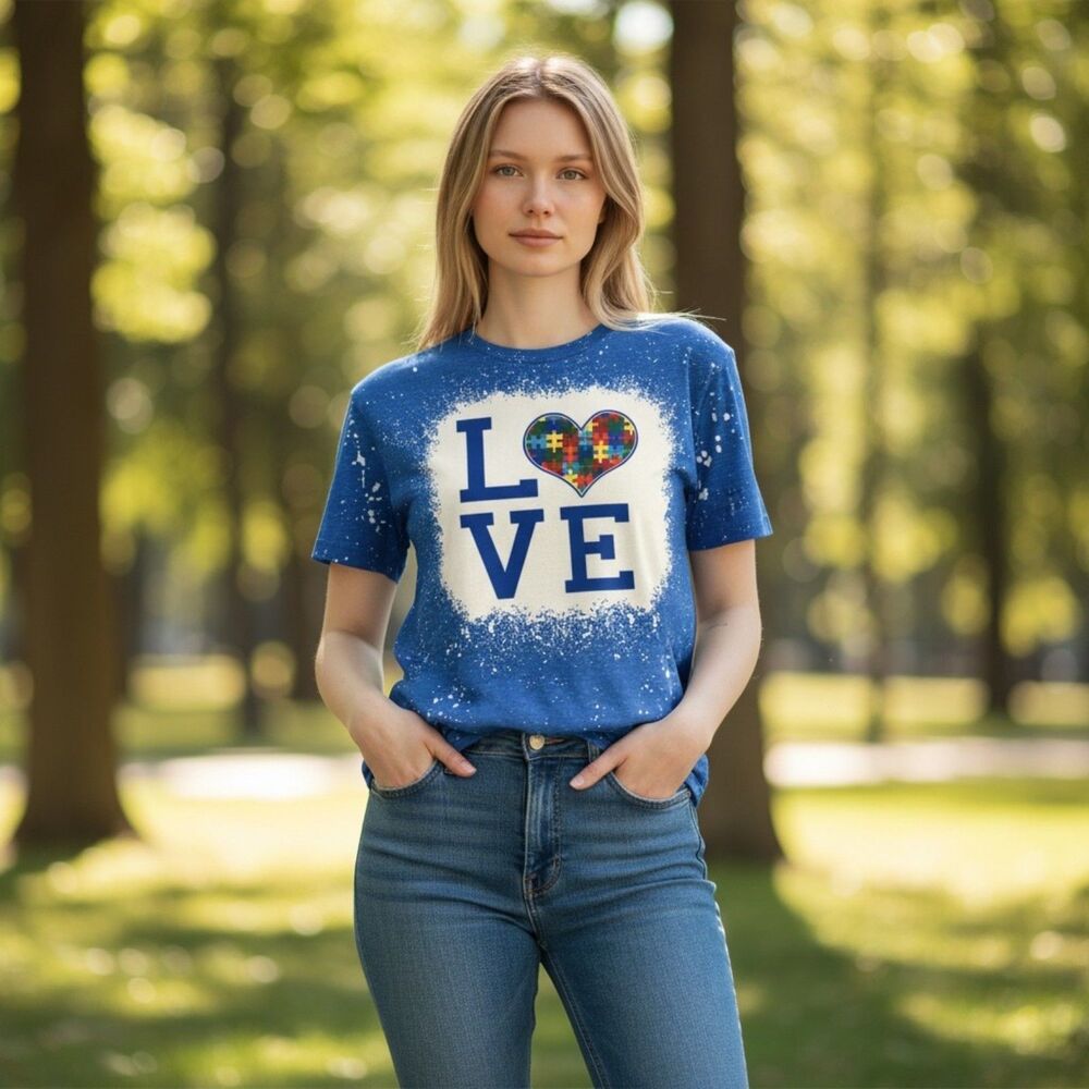 Autism Love Puzzle Heart T-Shirt Women’s Small Blue Graphic Tee Casual